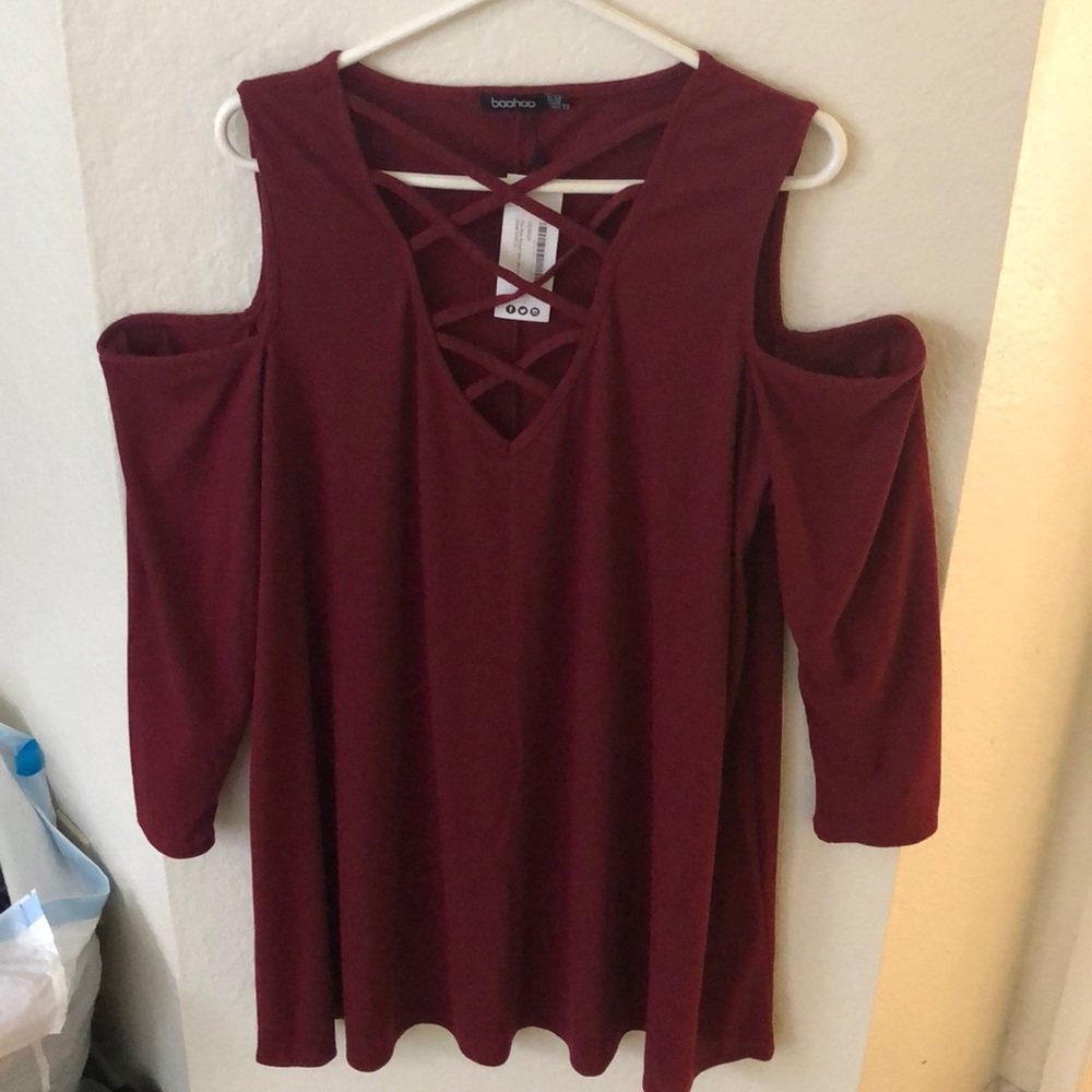 BooHoo burgundy dress.